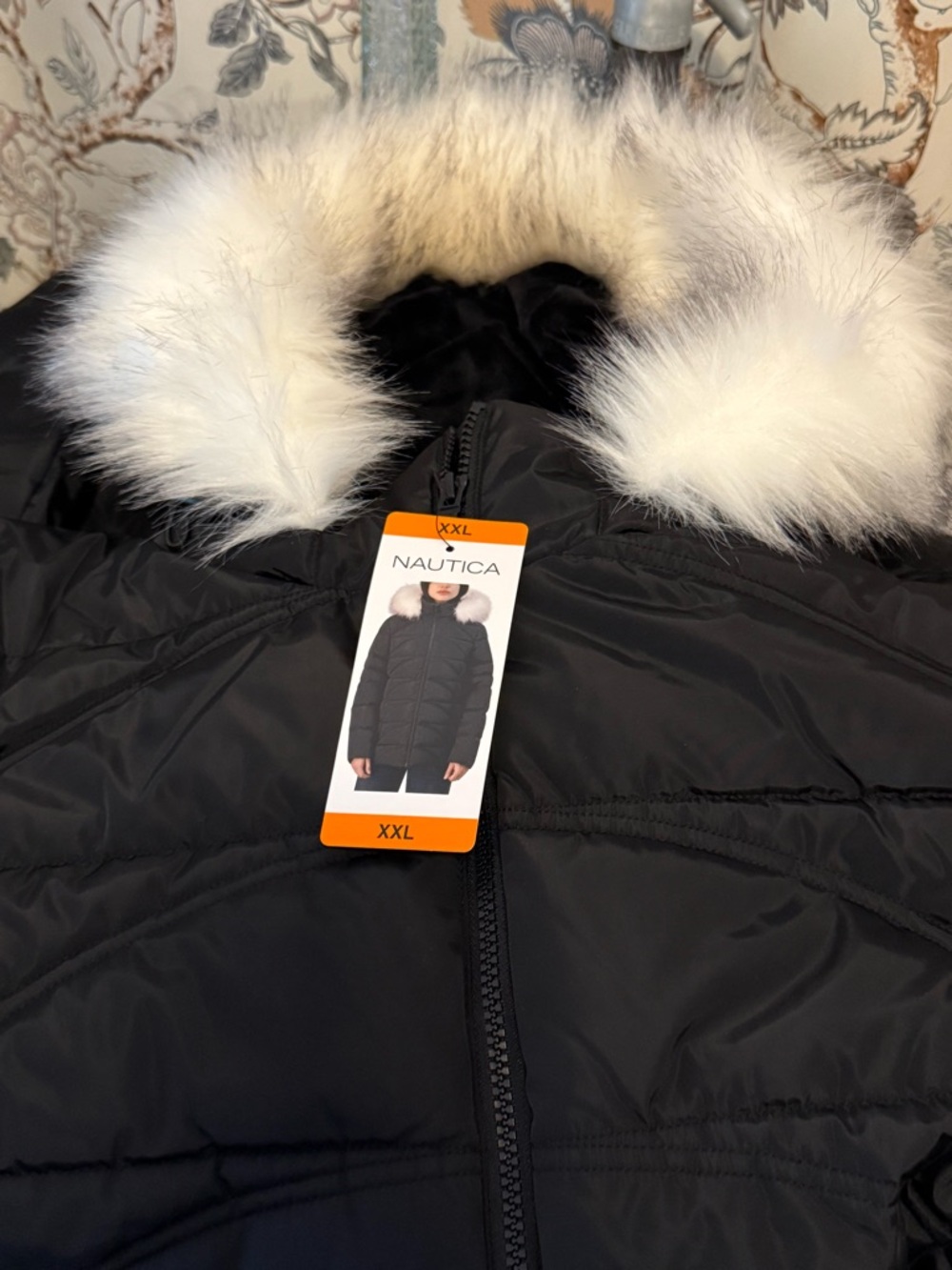 Nautica Black Puffer Jacket with White Faux-Fur Trim Hood - Picture 4 of 4